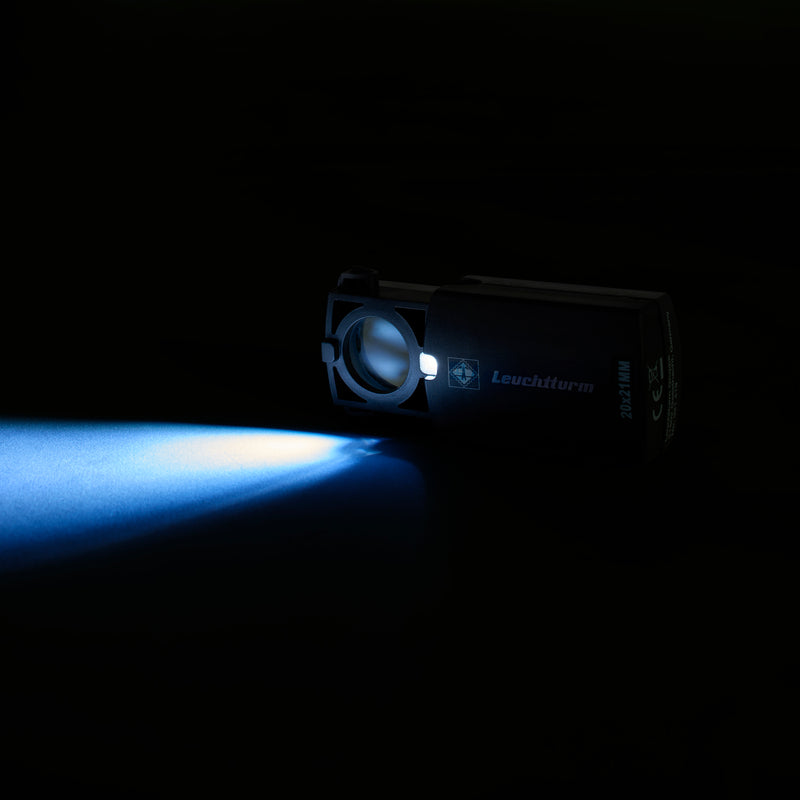 Kokoontaitettava LED-valaistu suurennuslasi, 20x suurennus, musta, Ø 18 mm