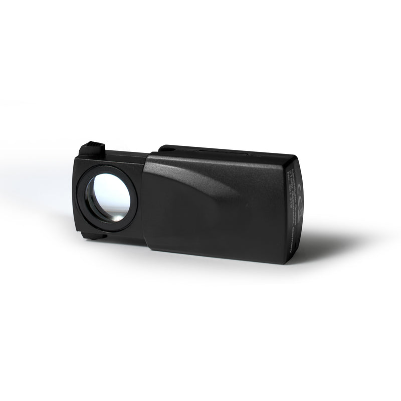 Kokoontaitettava LED-valaistu suurennuslasi, 20x suurennus, musta, Ø 18 mm
